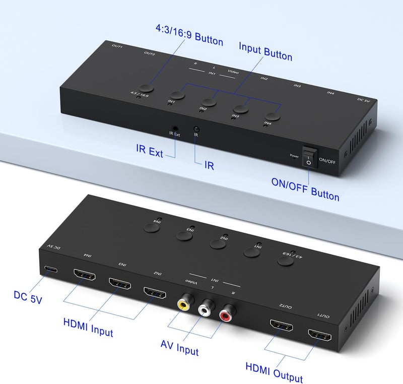 YDF (3 HDMI 2.0 + 1 RCA) to 2 HDMI Converter (4 In 2 Out, 2 Outputs Can Simultaneous Display) Switcher Splitter Support 4:3/16:9 Switching for N64 NGC Wii Xbox PS2/3/4/5 Switch Apple TV Fire TV Roku - Image 4